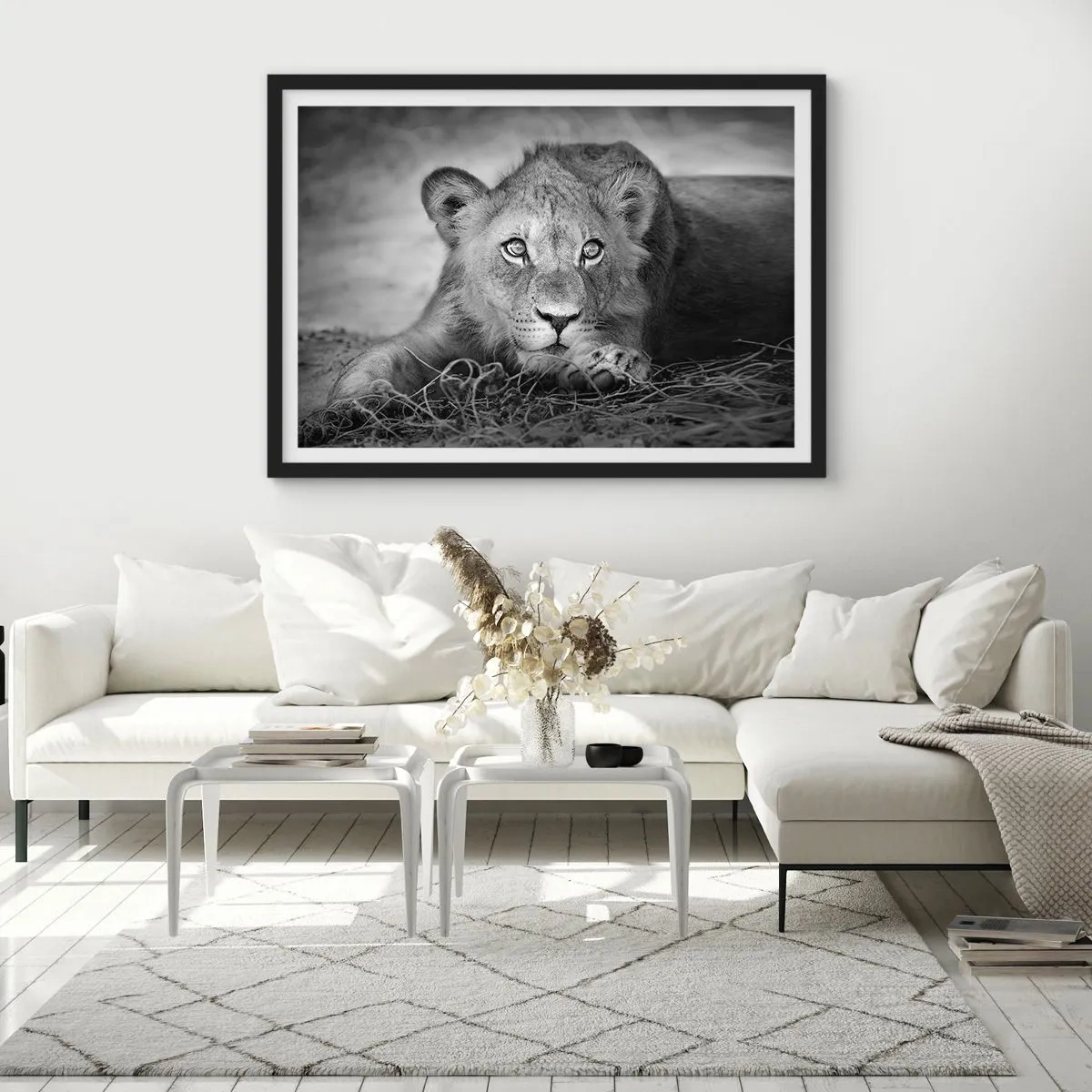 Póster en marco negro - Retrato monocromático de un león joven acostado - 70x50cm - Un cachorro real - Decoración de pared moderna para salón y dormitorio ARTTOR