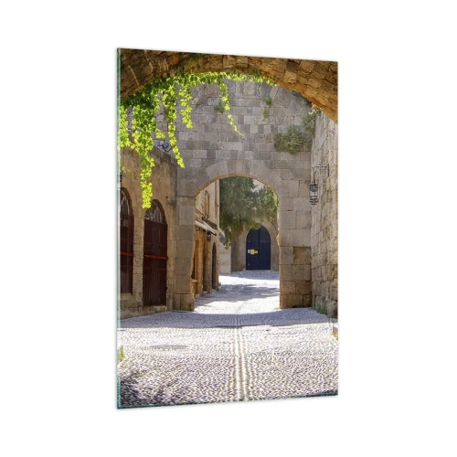 Cuadro sobre vidrio - Impresiones sobre Vidrio - Arcos de piedra y calles adoquinadas de estilo medieval - 80x120cm - La procesión está a punto de aparecer. - Decoración de pared moderna para salón y dormitorio ARTTOR