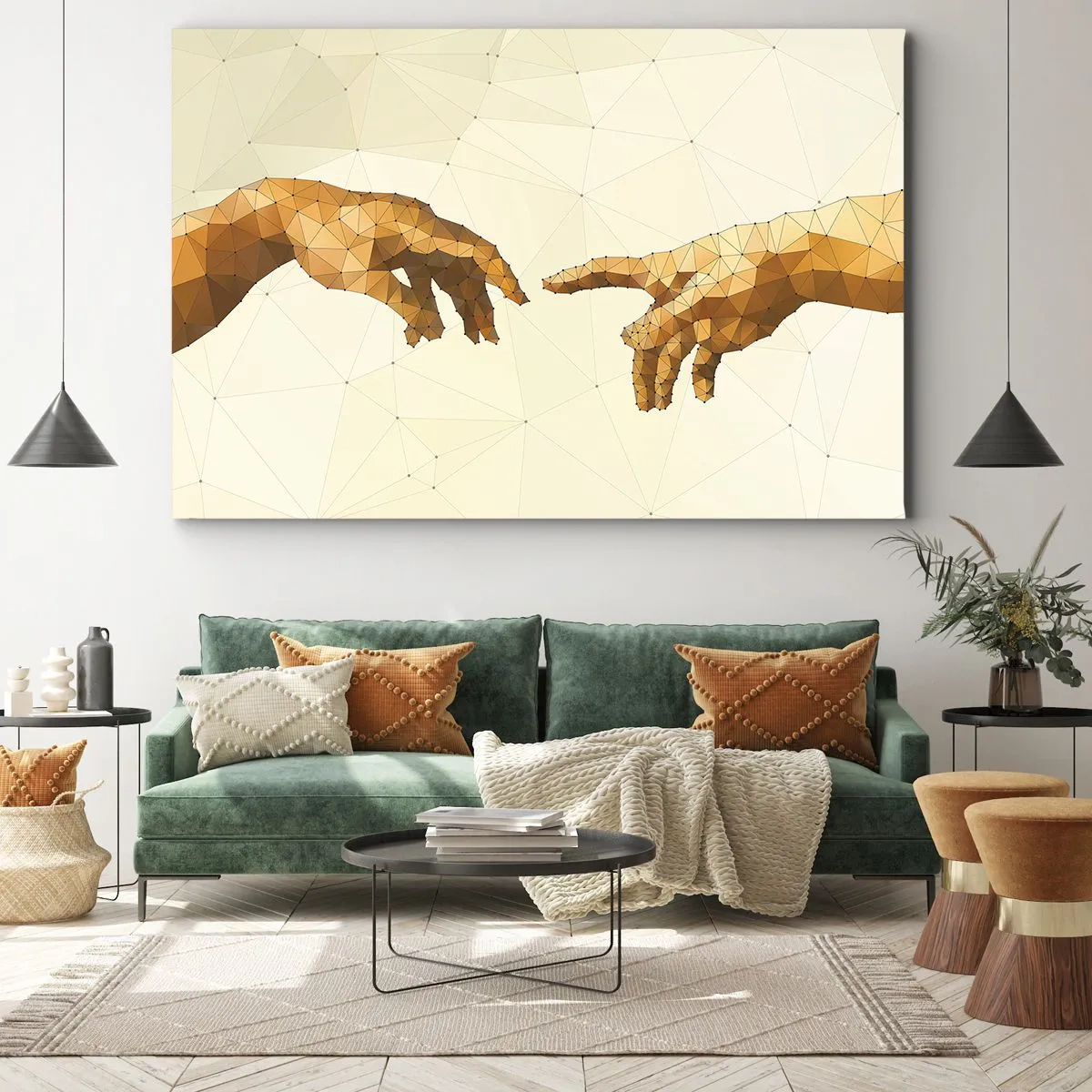 Cuadro sobre lienzo - Impresión de Imagen - Manos geométricas que se extienden una hacia la otra sobre un fondo claro. - 70x50cm - Geometría divina - Decoración de pared moderna para salón y dormitorio ARTTOR
