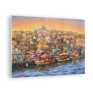 Cuadro sobre vidrio - Impresiones sobre Vidrio - Un puerto colorido con barcos y un panorama de la ciudad al atardecer. - 70x50cm - Una historia en Estambul - Decoración de pared moderna para salón y dormitorio ARTTOR