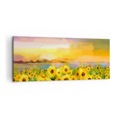 Cuadro sobre lienzo - Impresión de Imagen - Un campo de girasoles a la luz del sol poniente. - 120x50cm - El propio sol ha bajado a la Tierra - Decoración de pared moderna para salón y dormitorio ARTTOR