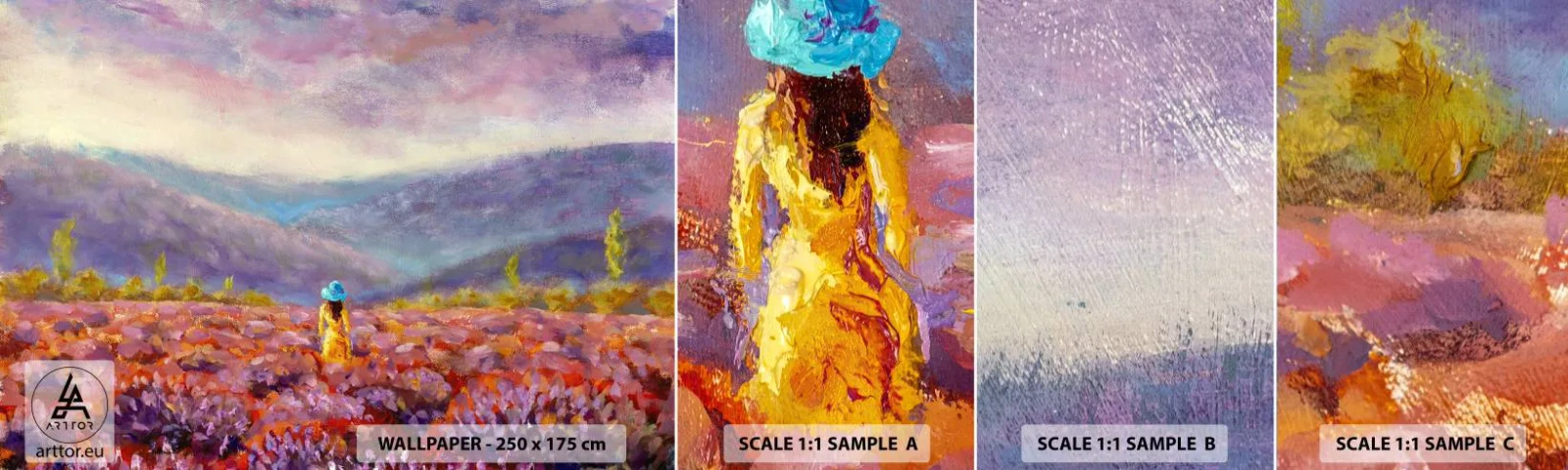 Muestra de fotomural autoadhesivo Deluxe Sticker - En un mundo de lavanda - Paisaje, Mujer, campo de lavanda - 100x30 cm