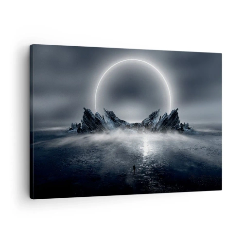 Cuadro sobre lienzo - Impresión de Imagen - Paisaje misterioso con un anillo de luz sobre las montañas. - 70x50cm - El final del cuento - Decoración de pared moderna para salón y dormitorio ARTTOR