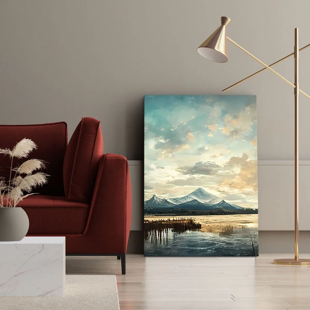 Cuadro sobre lienzo - Impresión de Imagen - Un paisaje pintoresco con una montaña y un lago tranquilo. - 50x70cm - Bajo la protección del cielo - Decoración de pared moderna para salón y dormitorio ARTTOR