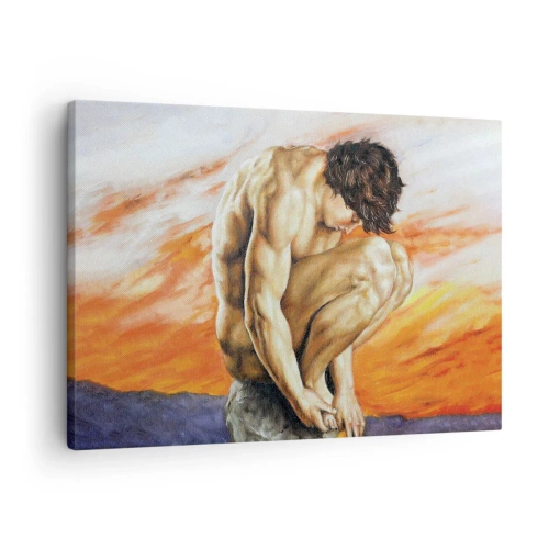 Cuadro sobre lienzo - Impresión de Imagen - Un hombre perdido en sus pensamientos con el telón de fondo de una puesta de sol. - 70x50cm - Sumergido en sí mismo - Decoración de pared moderna para salón y dormitorio ARTTOR