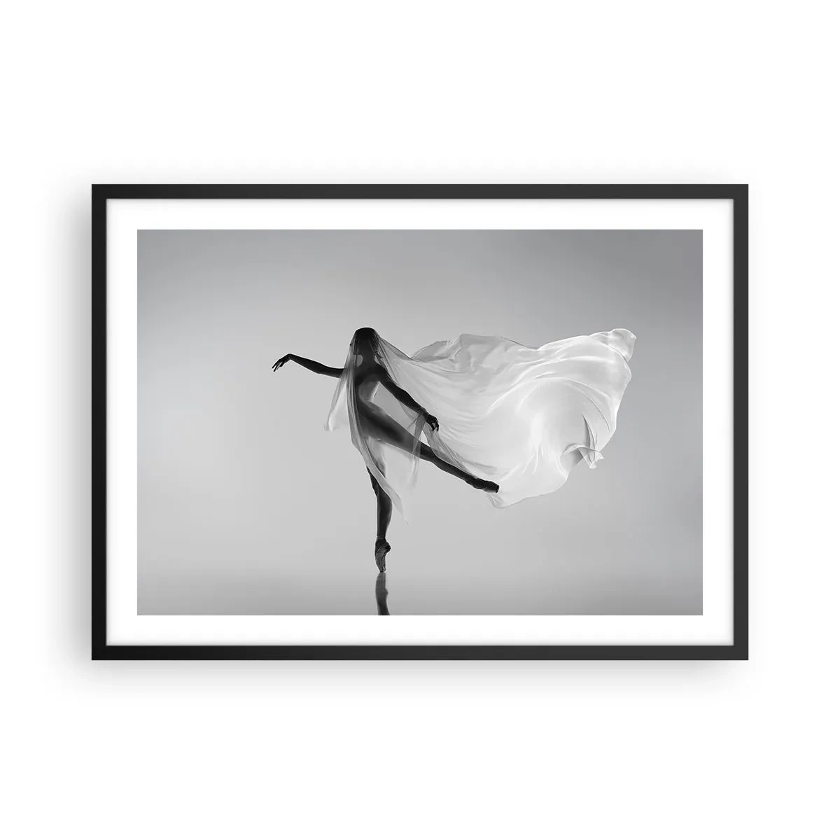 Póster en marco negro - Una bailarina en una pose etérea con tela fluida. - 70x50cm - Ligereza y gracia - Decoración de pared moderna para salón y dormitorio ARTTOR