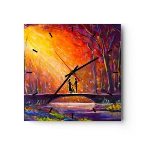 Reloj de pared - Reloj de vidrio - Pareja romántica en un puente en el bosque otoñal - 30x30cm - El cielo también los ama - Decoración de pared moderna para salón y dormitorio ARTTOR