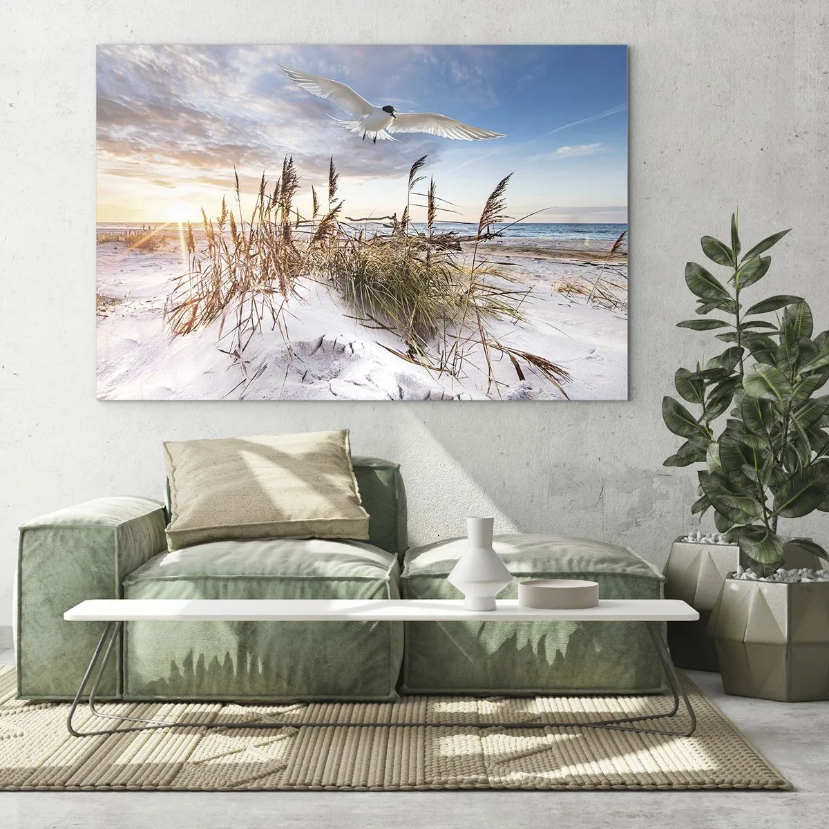 Cuadro sobre vidrio - Impresiones sobre Vidrio - Un pájaro volando sobre las dunas al atardecer. - 120x80cm - Viento del mar - Decoración de pared moderna para salón y dormitorio ARTTOR