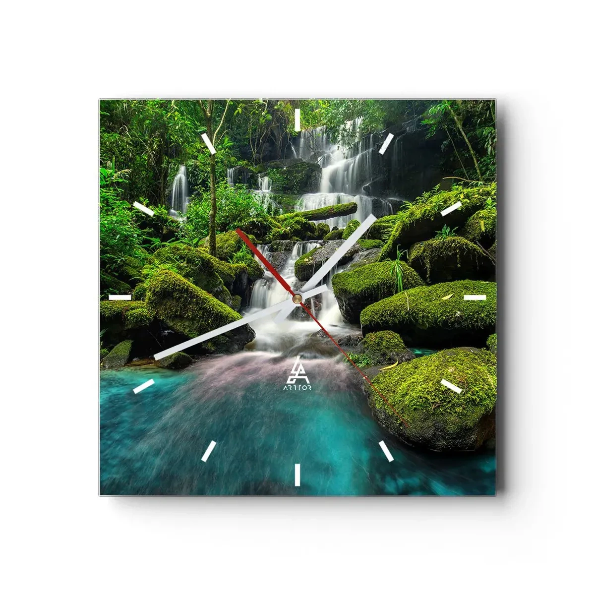 Reloj de pared - Reloj de vidrio - Una cascada tropical rodeada de vegetación y agua turquesa. - 30x30cm - Turquesa, zafiro y plata líquida - Decoración de pared moderna para salón y dormitorio ARTTOR