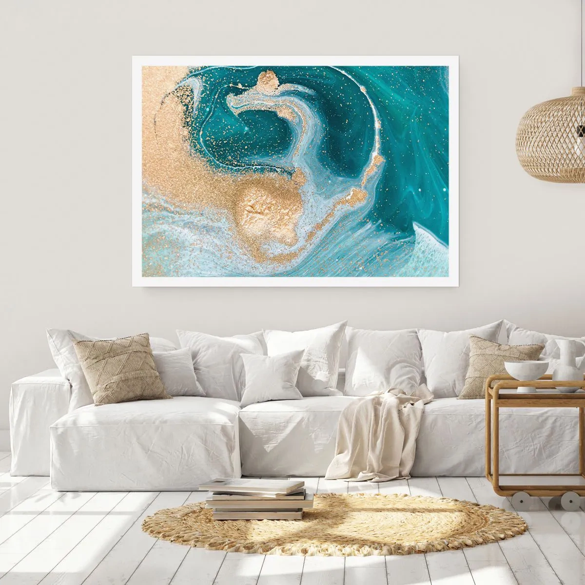 Póster - Remolino abstracto en tonos turquesa y dorado - 100x70cm - Un remolino de oro y turquesa - Decoración de pared moderna para salón y dormitorio ARTTOR