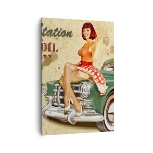 Cuadro sobre lienzo - Impresión de Imagen - Póster retro de la Ruta 66 con chica pin-up y coche. - 70x100cm - Los gloriosos años 40 - Decoración de pared moderna para salón y dormitorio ARTTOR