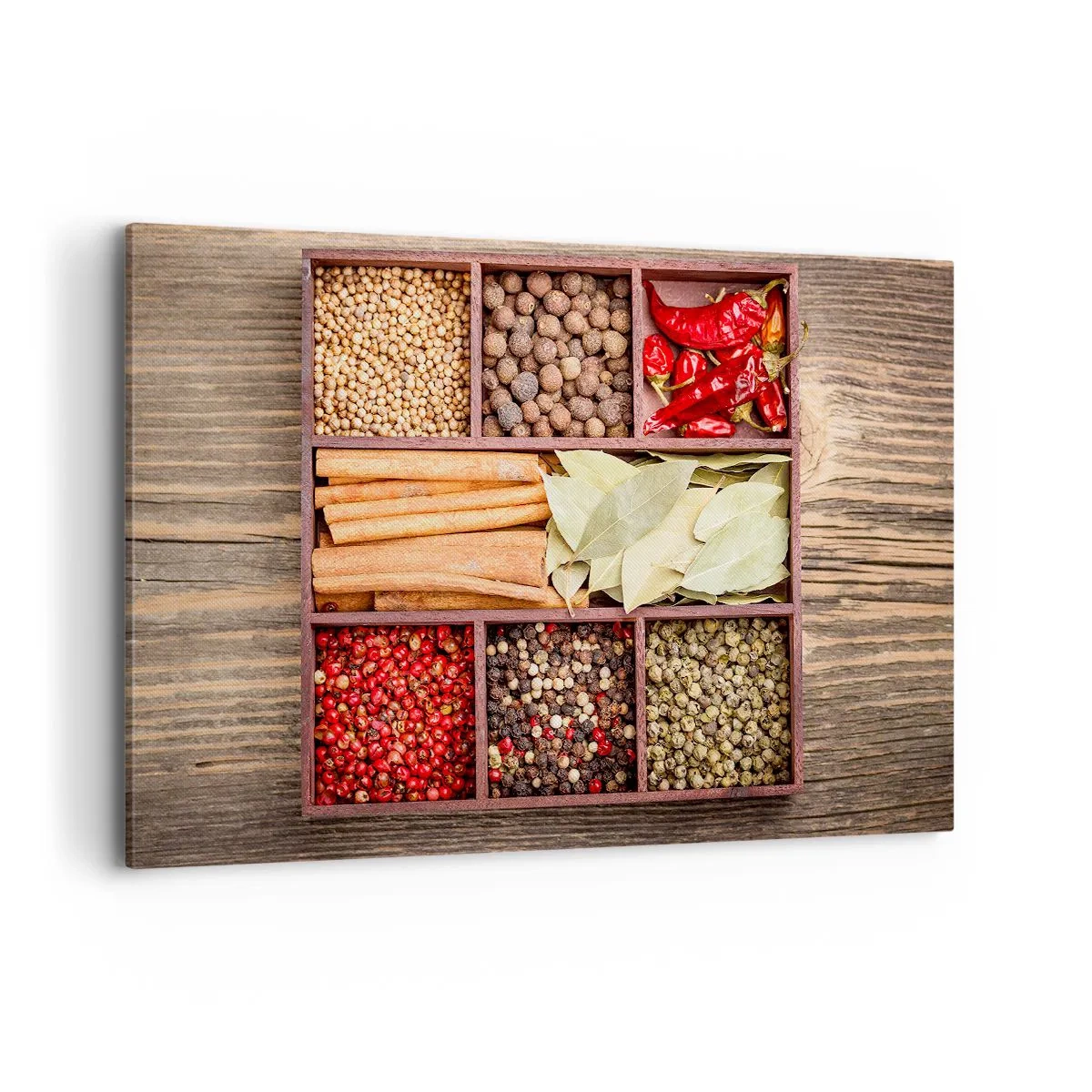Cuadro sobre lienzo - Impresión de Imagen - Caja de madera con varias especias en compartimentos. - 120x80cm - Orden de formas, composición de aromas - Decoración de pared moderna para salón y dormitorio ARTTOR