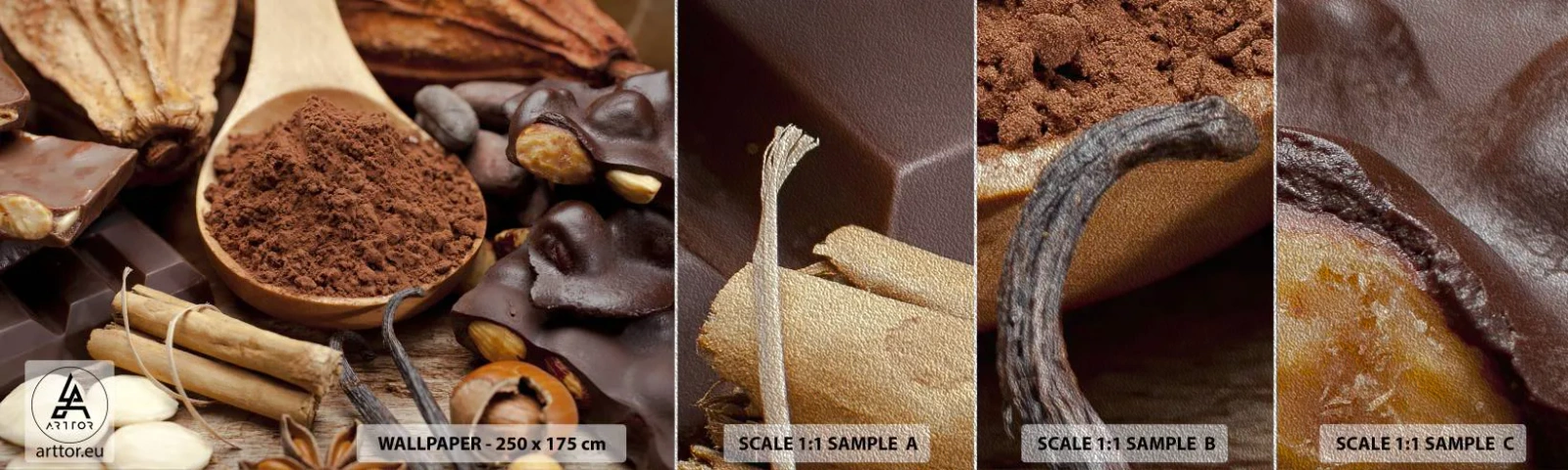 Muestra de fotomural Premium Sand - Lo mejor para las penas - Gastronomía, Chocolate, Café - 100x30 cm