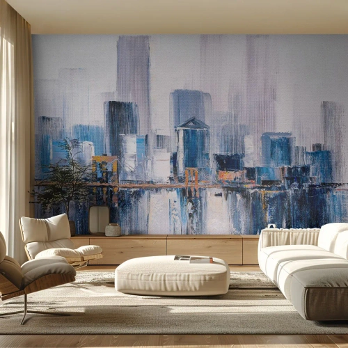Fotomural Premium Sand - Un panorama artístico de la ciudad con un puente y rascacielos en tonos azules. - 100x70cm - Impresión neoyorquina - Decoración de pared moderna para salón y dormitorio ARTTOR