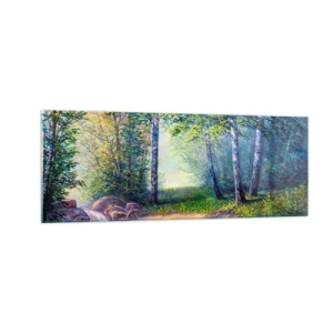 Cuadro sobre vidrio - Impresiones sobre Vidrio - Un arroyo forestal rodeado de abedules y sol. - 140x50cm - Paisaje idílico - Decoración de pared moderna para salón y dormitorio ARTTOR