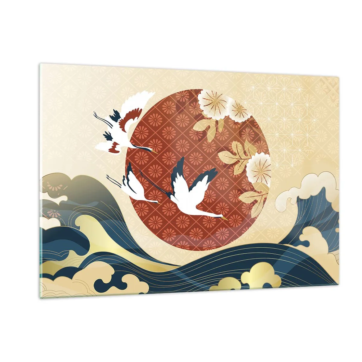 Cuadro sobre vidrio - Impresiones sobre Vidrio - Grúas japonesas sobre las olas contra un círculo rojo - 120x80cm - Un cuento de hadas japonés - Decoración de pared moderna para salón y dormitorio ARTTOR