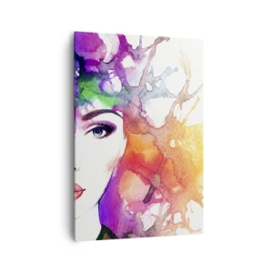 Cuadro sobre lienzo - Impresión de Imagen - Retrato de una mujer en colores de acuarela con manchas abstractas. - 70x100cm - Con la cabeza en las nubes - Decoración de pared moderna para salón y dormitorio ARTTOR