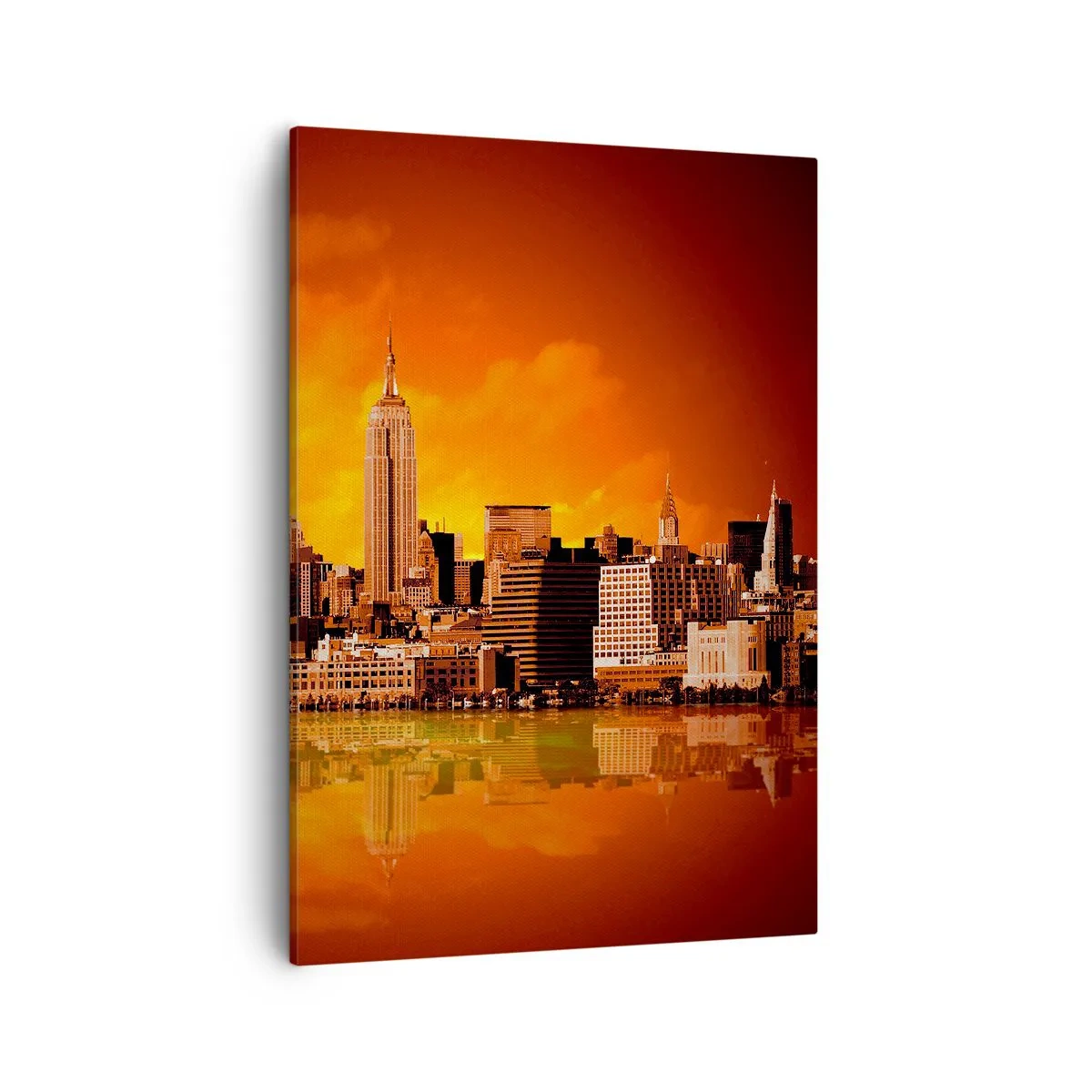 Cuadro sobre lienzo - Impresión de Imagen - Panorama de la ciudad al atardecer con edificios reflejados en el agua. - 50x70cm - Un panorama de la ciudad en amarillo y marrón - Decoración de pared moderna para salón y dormitorio ARTTOR