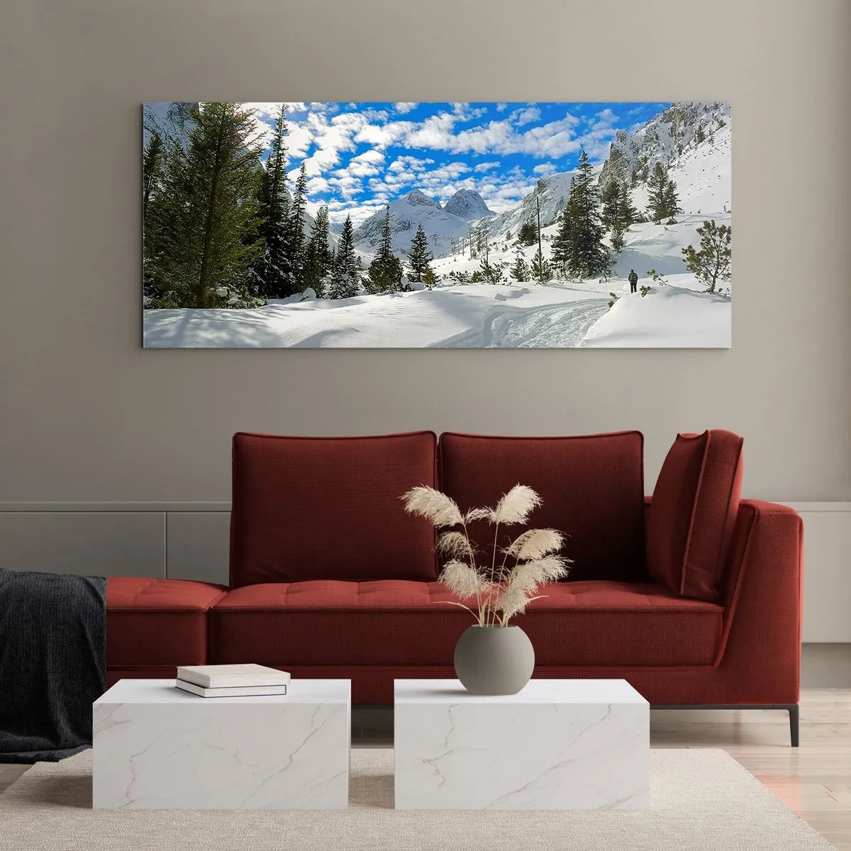 Cuadro sobre vidrio - Impresiones sobre Vidrio - Paisaje invernal de montaña con un bosque y un camino en la nieve. - 160x50cm - Nieve y sol - Decoración de pared moderna para salón y dormitorio ARTTOR