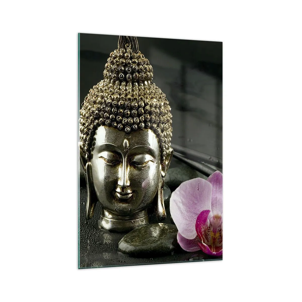 Cuadro sobre vidrio - Impresiones sobre Vidrio - Una estatuilla de Buda con una orquídea y palillos sobre un fondo de piedras. - 70x100cm - La armonía de la sabiduría y la belleza - Decoración de pared moderna para salón y dormitorio ARTTOR