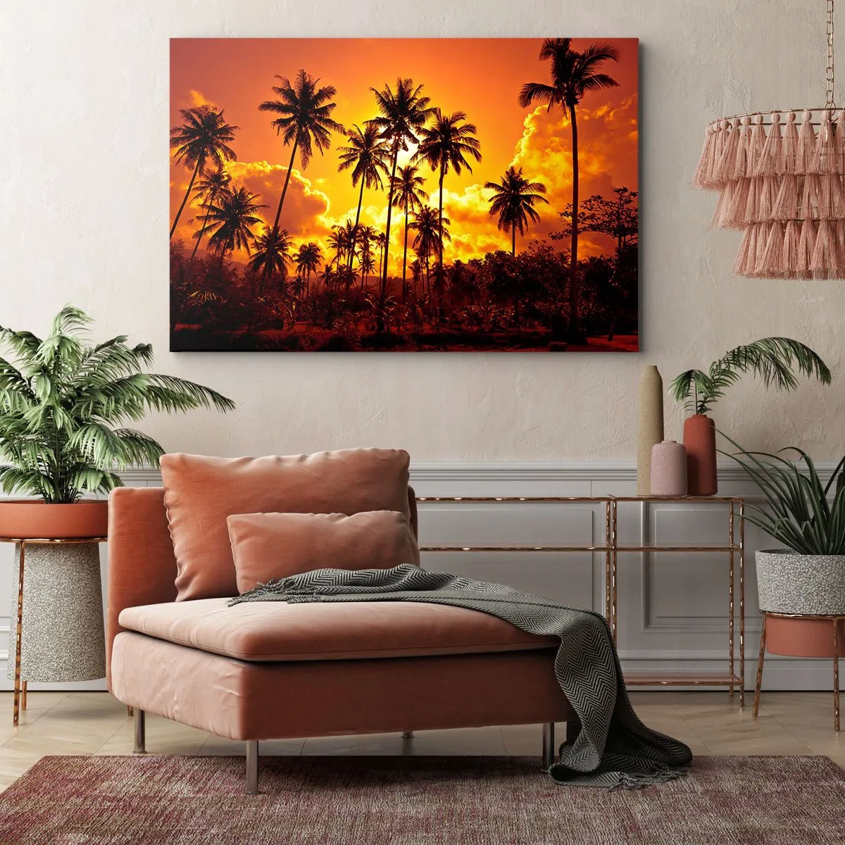 Cuadro sobre lienzo - Impresión de Imagen - Palmeras contra un cielo dorado durante una puesta de sol tropical - 100x70cm - Las montañas arden, los bosques arden - Decoración de pared moderna para salón y dormitorio ARTTOR