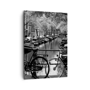 Cuadro sobre lienzo - Impresión de Imagen - Canal con bicicletas en fotografía en blanco y negro - 50x70cm - Una visión muy holandesa - Decoración de pared moderna para salón y dormitorio ARTTOR