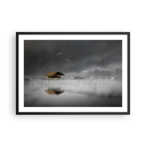 Póster en marco negro - Una cabaña solitaria sobre el agua rodeada de niebla y pájaros. - 70x50cm - Resguardo de la lluvia - Decoración de pared moderna para salón y dormitorio ARTTOR