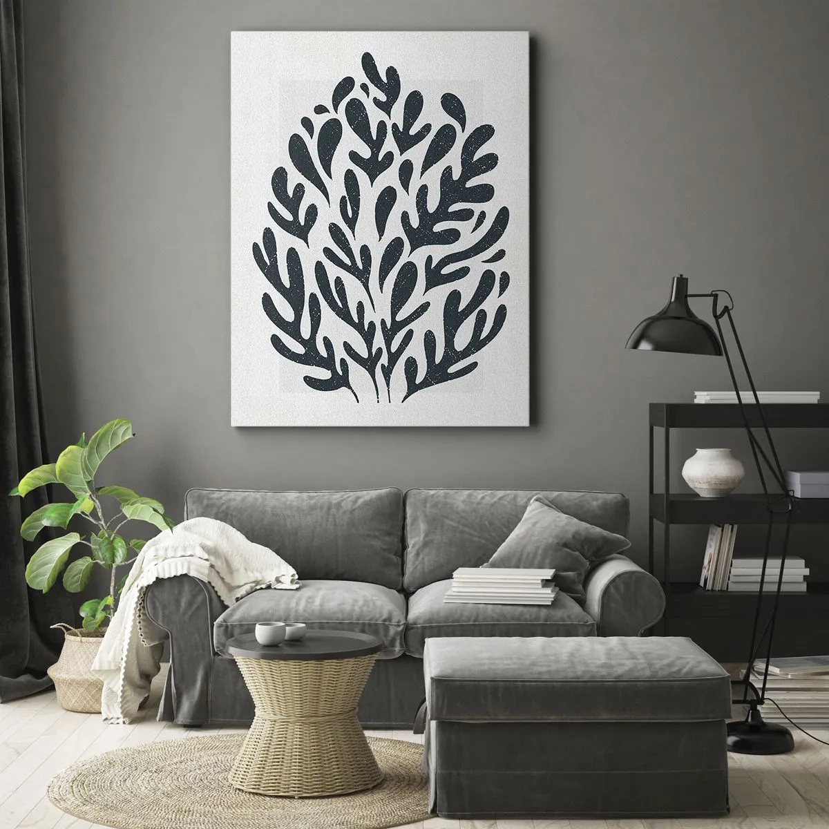 Cuadro sobre lienzo - Impresión de Imagen - Motivo de hoja abstracta oscura sobre un fondo claro - 50x70cm - Formas de la naturaleza - Decoración de pared moderna para salón y dormitorio ARTTOR