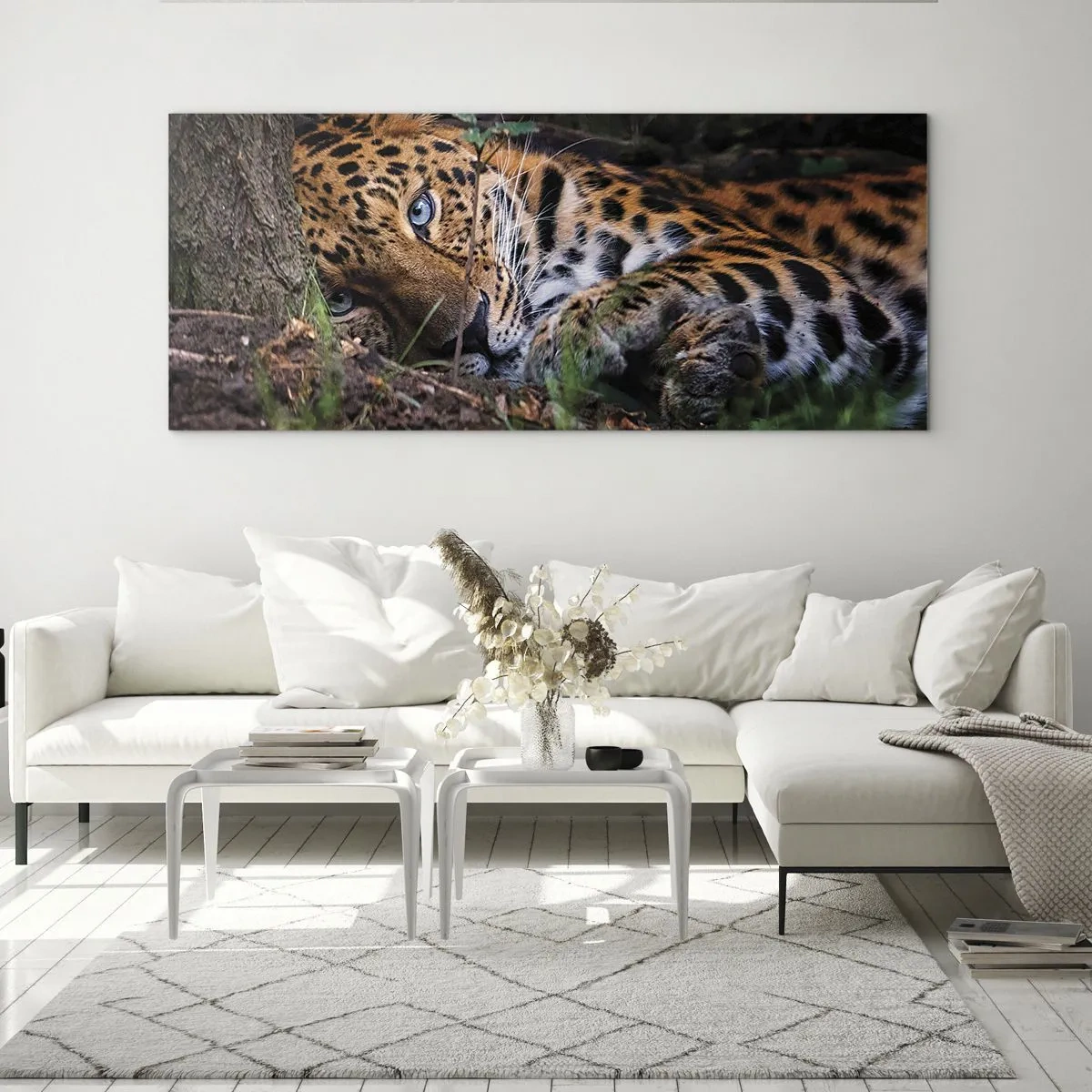 Cuadro sobre vidrio - Impresiones sobre Vidrio - Un leopardo tumbado a la sombra de los árboles. - 120x50cm - Confía en mí - Decoración de pared moderna para salón y dormitorio ARTTOR