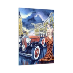 Cuadro sobre vidrio - Impresiones sobre Vidrio - Una mujer con un vestido elegante junto a un coche retro por la noche. - 80x120cm - Noche de romanticismo - Decoración de pared moderna para salón y dormitorio ARTTOR