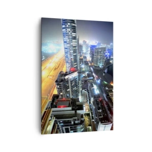 Cuadro sobre lienzo - Impresión de Imagen - Panorama de la ciudad nocturna con rascacielos iluminados - 70x100cm - Un milagro en el desierto - Decoración de pared moderna para salón y dormitorio ARTTOR