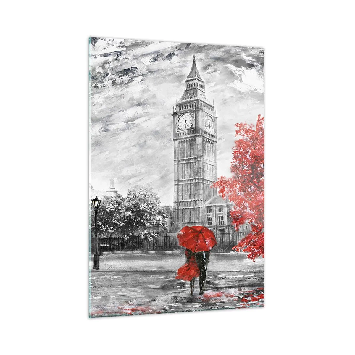Cuadro sobre vidrio - Impresiones sobre Vidrio - El Big Ben con un autobús rojo y un paraguas sobre un fondo de árboles otoñales - 50x70cm - Un día emocionante - Decoración de pared moderna para salón y dormitorio ARTTOR