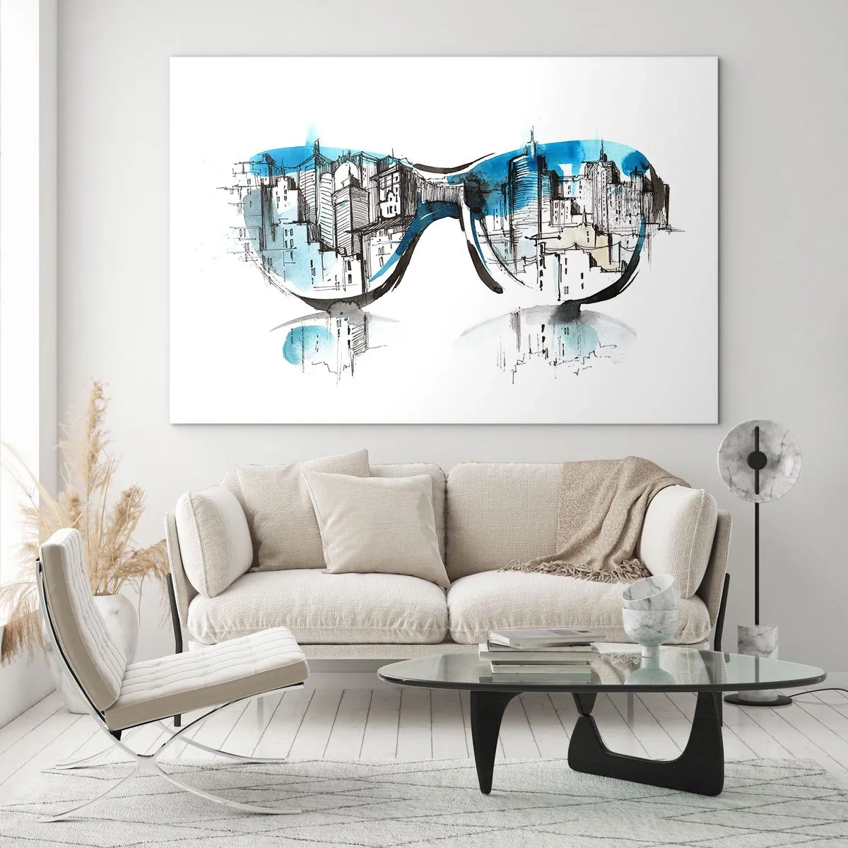 Cuadro sobre vidrio - Impresiones sobre Vidrio - El panorama de la ciudad reflejado en las gafas de sol - 120x80cm - La elegancia de la gran ciudad - Decoración de pared moderna para salón y dormitorio ARTTOR
