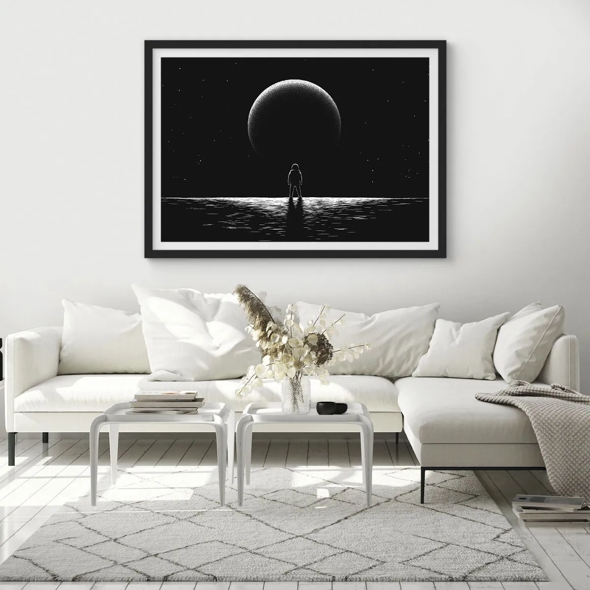 Póster en marco negro - Un astronauta con el telón de fondo de un gran planeta en el espacio exterior. - 70x50cm - Cara a cara - Decoración de pared moderna para salón y dormitorio ARTTOR