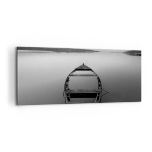 Cuadro sobre lienzo - Impresión de Imagen - Un barco solitario en un lago tranquilo en tonos blanco y negro. - 120x50cm - Anhelo y melancolía - Decoración de pared moderna para salón y dormitorio ARTTOR