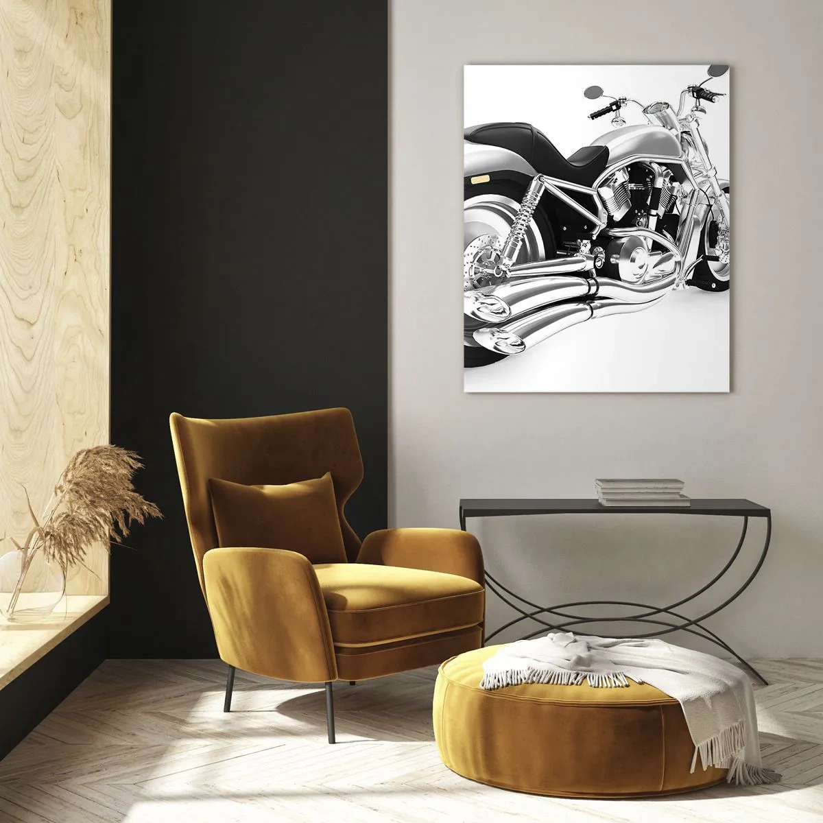Cuadro sobre vidrio - Impresiones sobre Vidrio - Una motocicleta cromada de estilo moderno sobre un fondo blanco. - 50x70cm - Sueño de un coleccionista - Decoración de pared moderna para salón y dormitorio ARTTOR