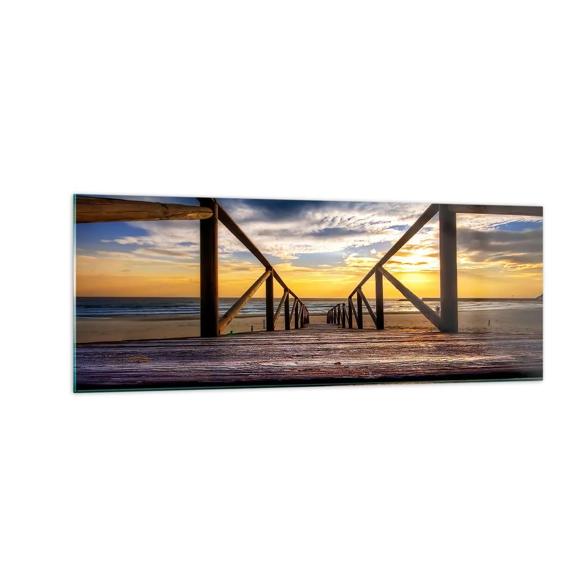 Cuadro sobre vidrio - Impresiones sobre Vidrio - Muelle de madera que conduce a la playa al atardecer - 140x50cm - Directamente hacia una playa tranquila al atardecer - Decoración de pared moderna para salón y dormitorio ARTTOR