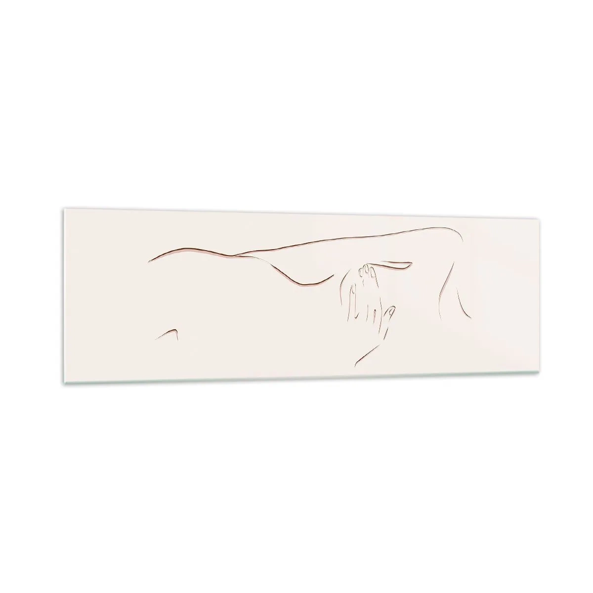 Cuadro sobre vidrio - Impresiones sobre Vidrio - Un dibujo lineal sutil de una silueta sobre un fondo claro. - 160x50cm - La forma del deseo - Decoración de pared moderna para salón y dormitorio ARTTOR