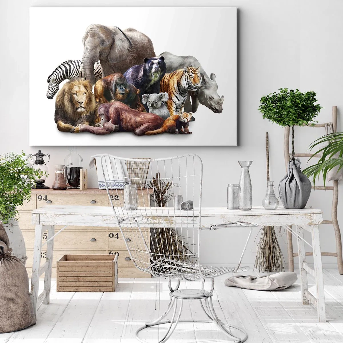 Cuadro sobre lienzo - Impresión de Imagen - Una variedad de animales salvajes en una composición grupal. - 70x50cm - Una foto de familia africana - Decoración de pared moderna para salón y dormitorio ARTTOR