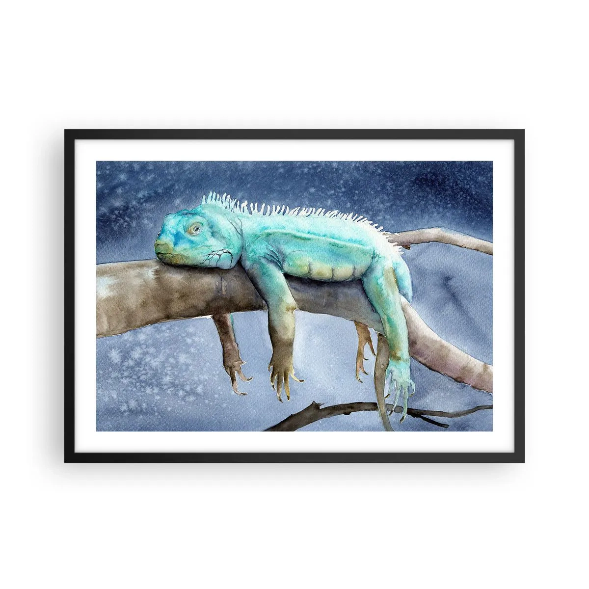 Póster en marco negro - Iguana azul descansando en una rama - 70x50cm - Me siento bien, ¿y tú? - Decoración de pared moderna para salón y dormitorio ARTTOR