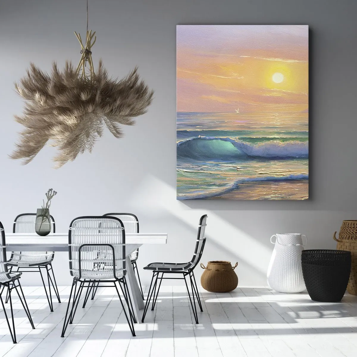 Cuadro sobre lienzo - Impresión de Imagen - Paisaje marino con puesta de sol - 80x120cm - El canto turquesa de las olas - Decoración de pared moderna para salón y dormitorio ARTTOR
