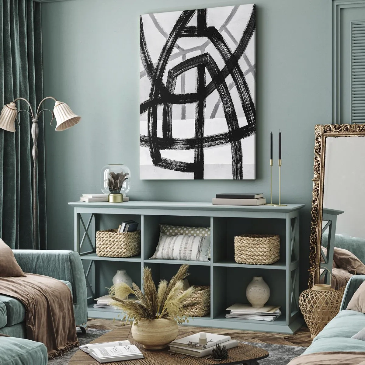 Cuadro sobre lienzo - Impresión de Imagen - Líneas abstractas en blanco y negro que se cruzan sobre un fondo claro - 80x120cm - Construir profundidad - Decoración de pared moderna para salón y dormitorio ARTTOR