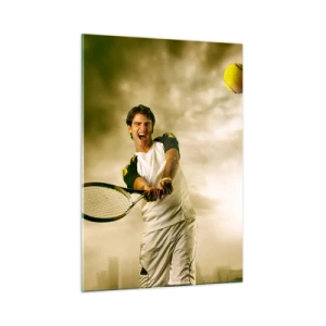 Cuadro sobre vidrio - Impresiones sobre Vidrio - Un jugador de tenis golpea la pelota con una ciudad como telón de fondo. - 50x70cm - Energía y alegría - Decoración de pared moderna para salón y dormitorio ARTTOR