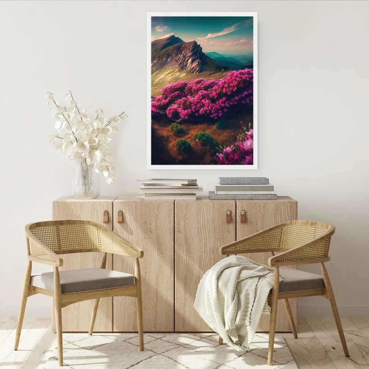 Póster - Paisaje de montaña con rododendros en flor - 50x70cm - Verano en las montañas - Decoración de pared moderna para salón y dormitorio ARTTOR