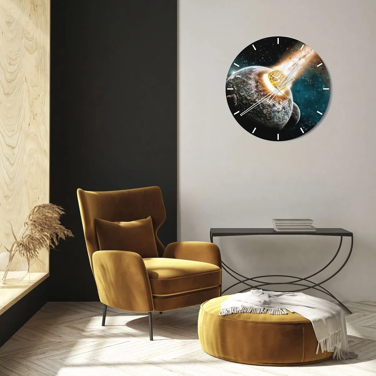 Reloj de pared - Reloj de vidrio - La Tierra y un meteorito en una explosión cósmica - 30x30cm - ¿Condena o nacimiento? - Decoración de pared moderna para salón, cocina y dormitorio ARTTOR