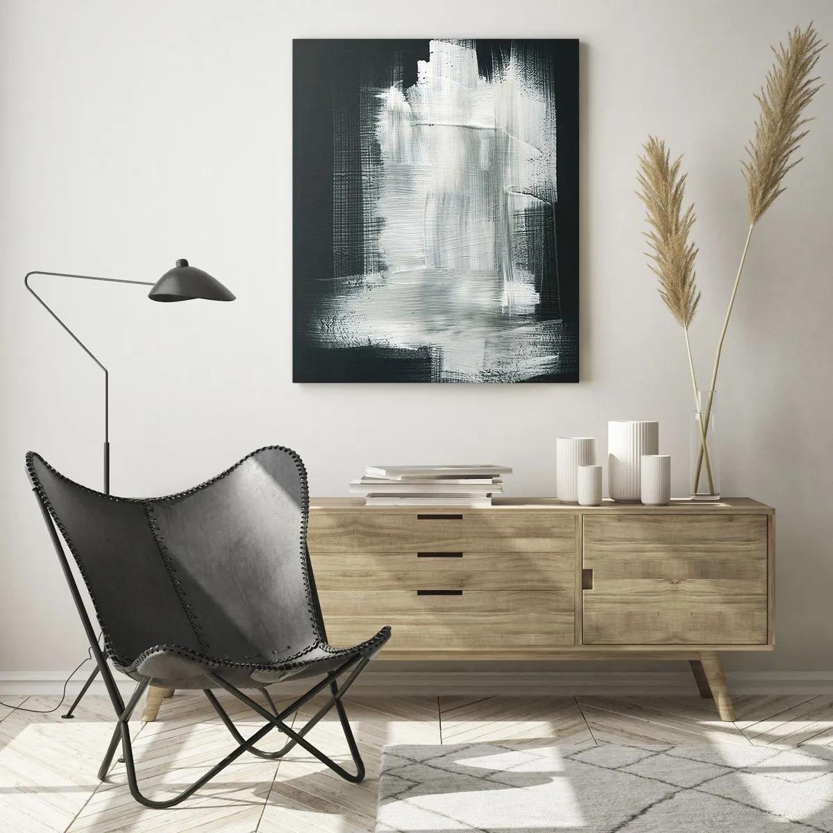 Cuadro sobre vidrio - Impresiones sobre Vidrio - Trazos abstractos blancos sobre un fondo oscuro - 80x120cm - Tejido vertical y horizontal - Decoración de pared moderna para salón y dormitorio ARTTOR