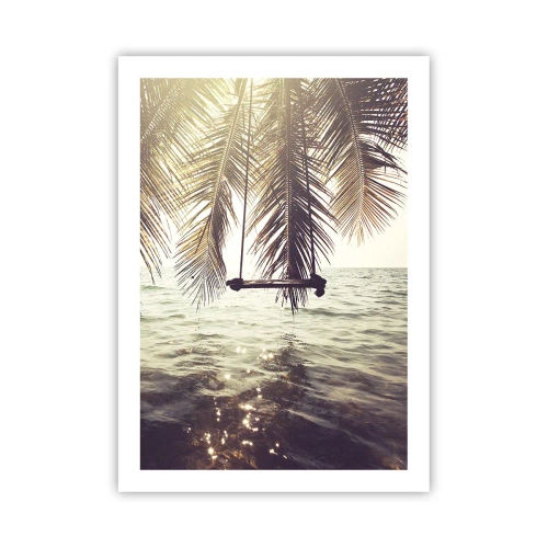 Póster - Un columpio bajo las palmeras junto al mar en calma. - 50x70cm - Columpiar la imaginación - Decoración de pared moderna para salón y dormitorio ARTTOR