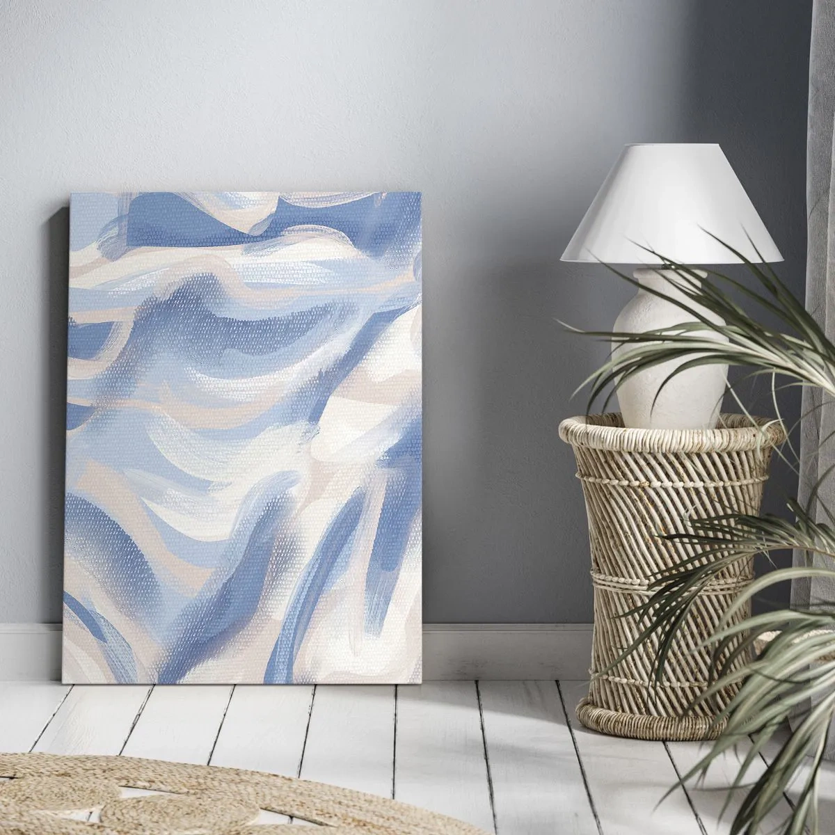 Cuadro sobre lienzo - Impresión de Imagen - Pinceladas abstractas en tonos azules y beige - 50x70cm - Ondas azules - Decoración de pared moderna para salón y dormitorio ARTTOR