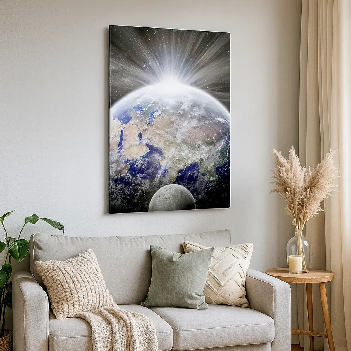 Cuadro sobre lienzo - Impresión de Imagen - La Tierra y la Luna iluminadas por el resplandor del espacio. - 50x70cm - En todo su esplendor - Decoración de pared moderna para salón y dormitorio ARTTOR