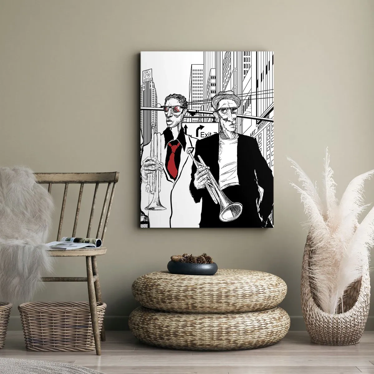 Cuadro sobre lienzo - Impresión de Imagen - Ilustración de músicos de jazz con un fondo urbano - 50x70cm - Rapsodia urbana en negro y rojo - Decoración de pared moderna para salón y dormitorio ARTTOR